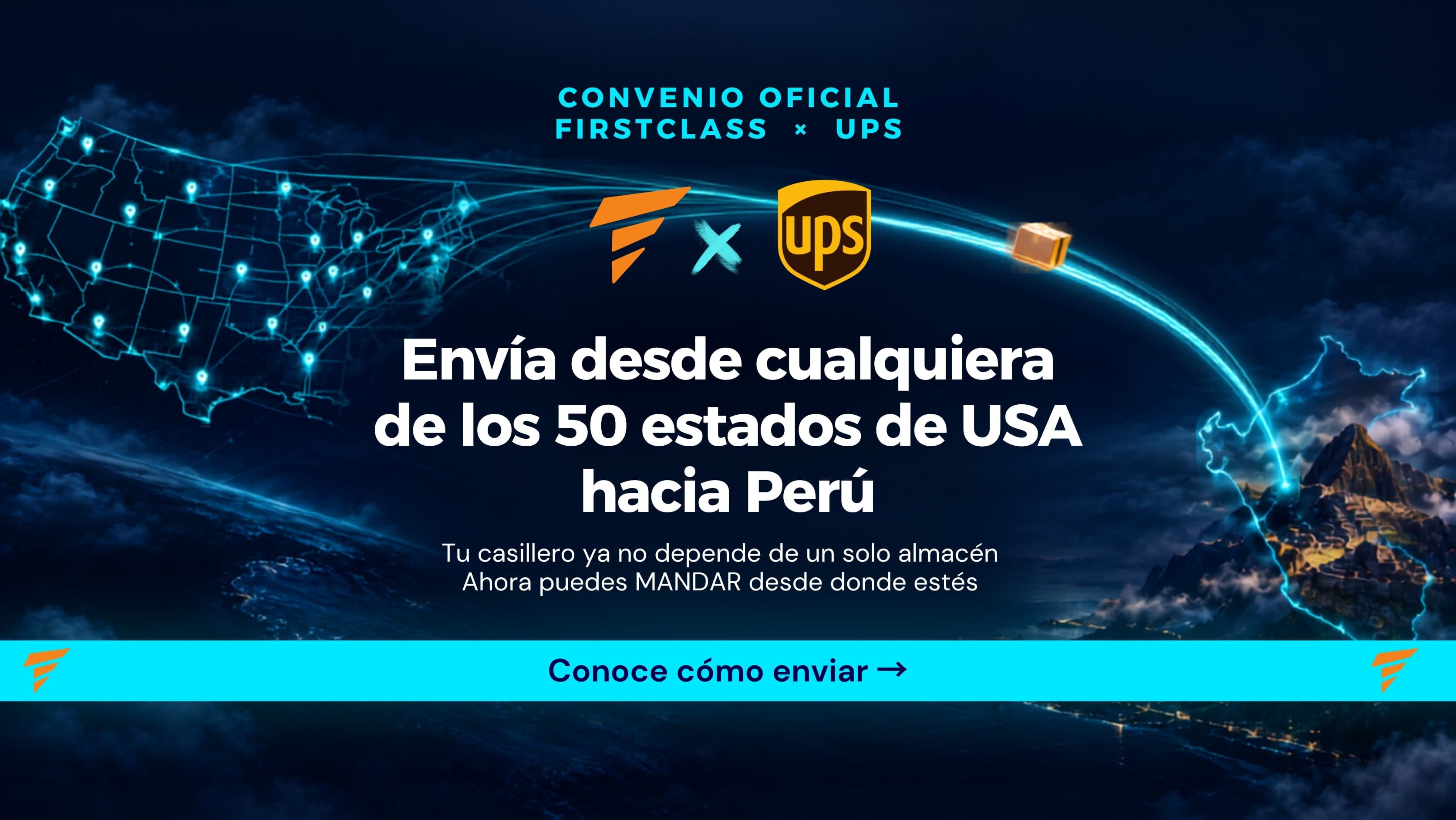 Mapa de Estados Unidos conectado con Perú por una ruta luminosa, con los logos de FirstClass Courier y UPS